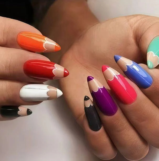 Press-On Nails Pencil-Themed High-Gloss 24-Piece