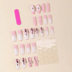 Press-On Nails Pink & Clear Rhinestone Floral Pre-Applied Adhesive