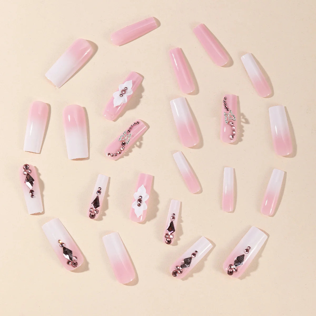 Press-On Nails Pink & Clear Rhinestone Floral Pre-Applied Adhesive