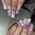 Press-On Nails Pink & Clear Rhinestone Floral Pre-Applied Adhesive