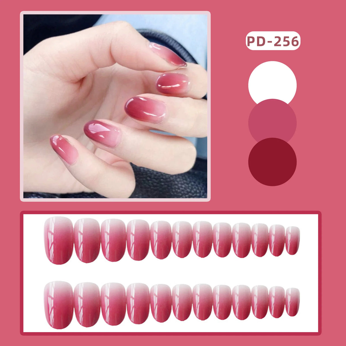 Press-On Nails Pink Ombre Glossy Finish Adhesive Backing