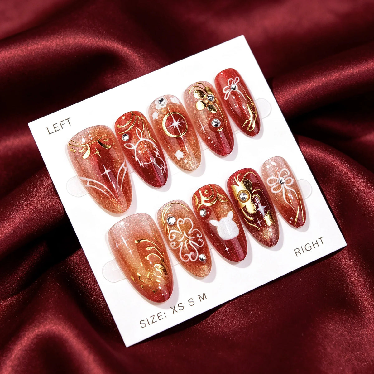 Press-On Nails Pointed Floral & Metallic Self-Adhesive