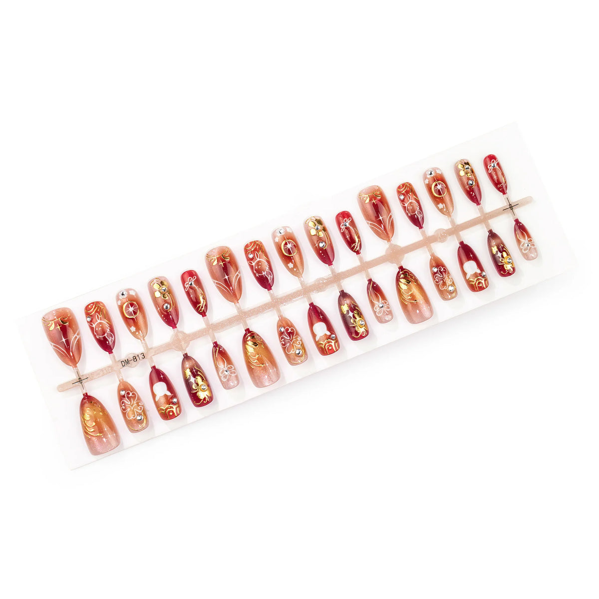 Press-On Nails Pointed Floral & Metallic Self-Adhesive