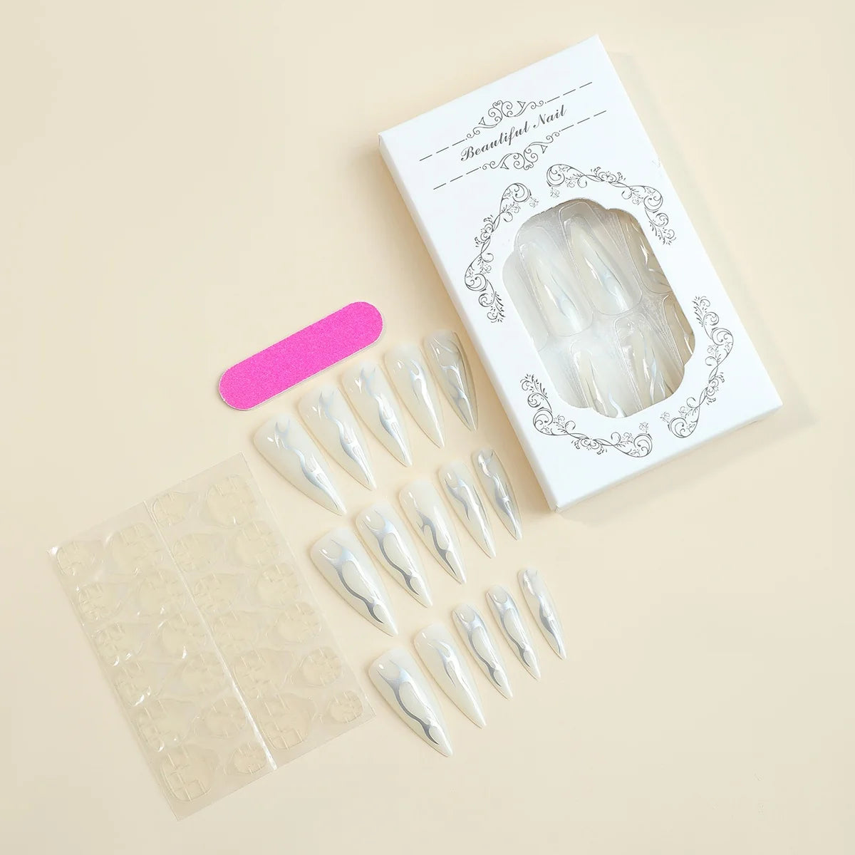 Press-On Nails Pointed Stiletto Blue Glue & File