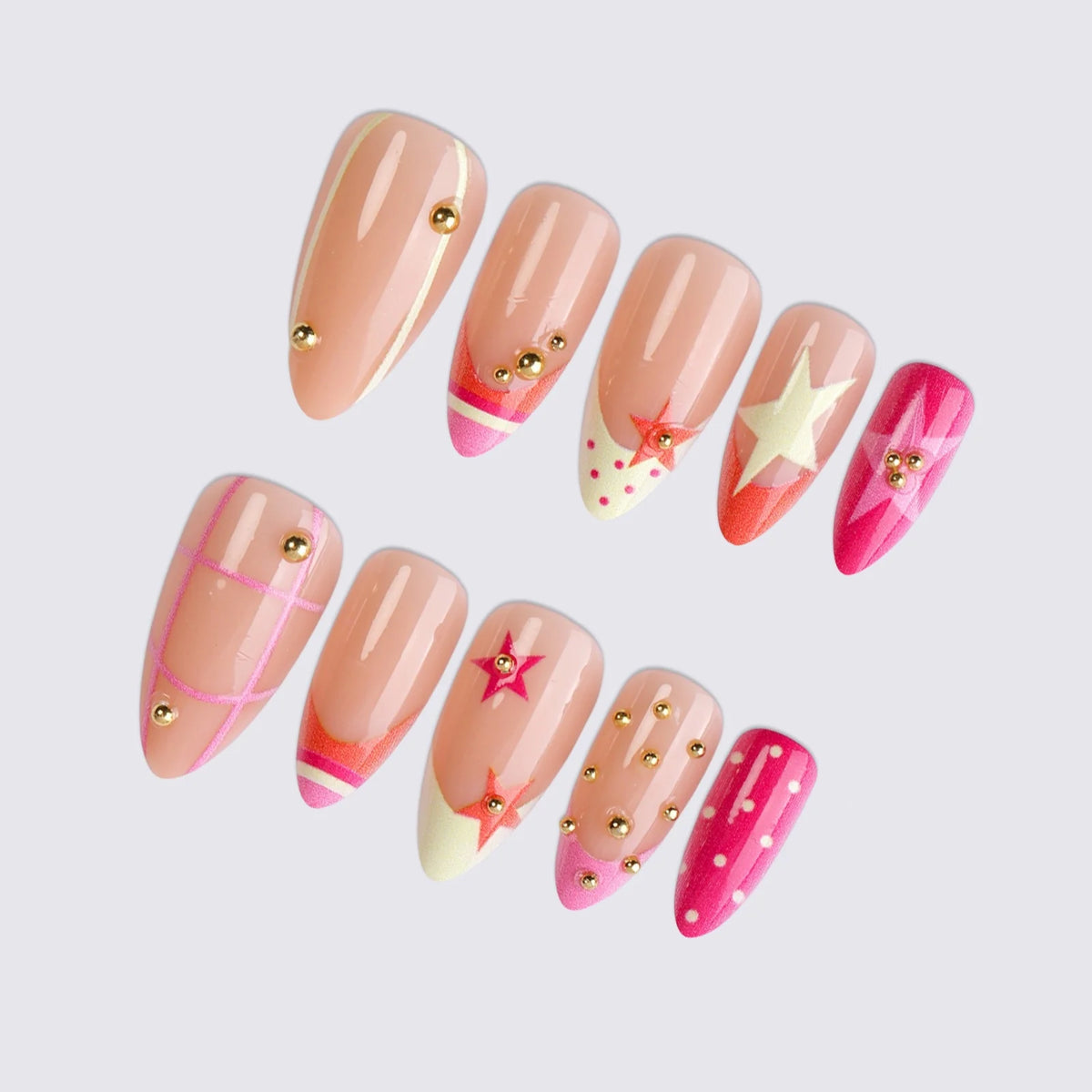 Press-On Nails Red Gold Accents Ergonomic Fit