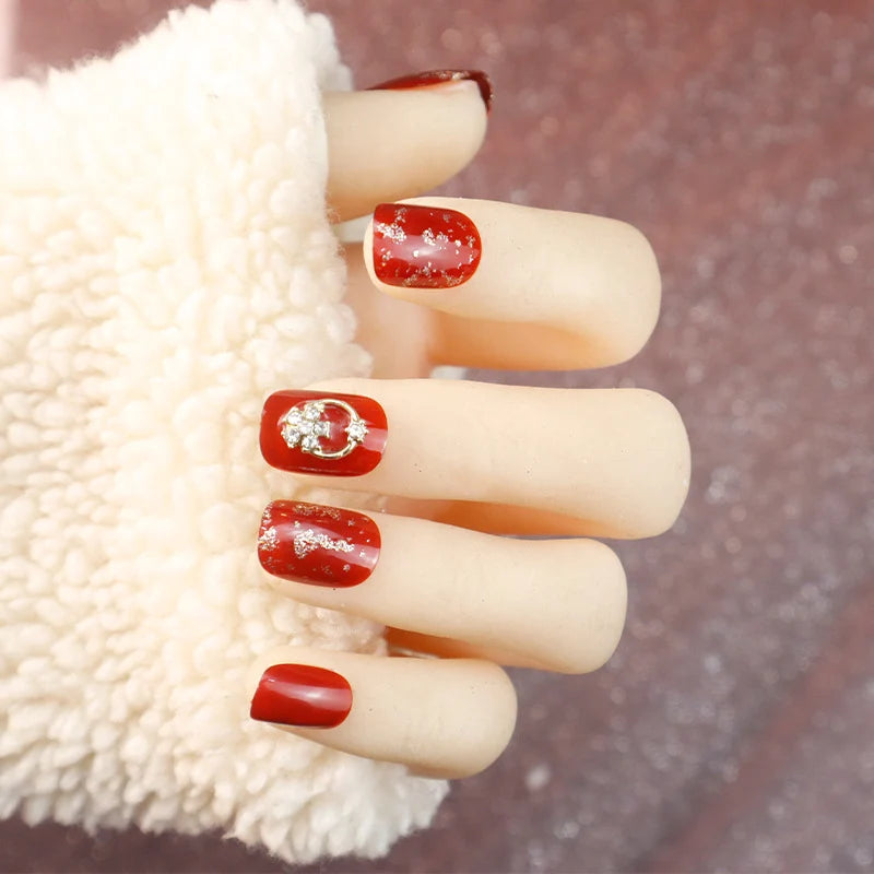 Press-On Nails Red Rhinestone Peel & Stick Long-Lasting