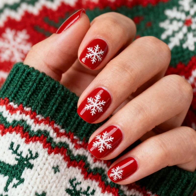 Press-On Nails Red Snowflake 24-Piece Glue & Template