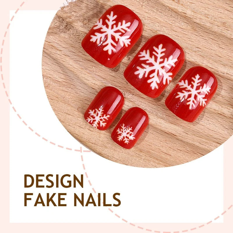 Press-On Nails Red Snowflake 24-Piece Glue & Template