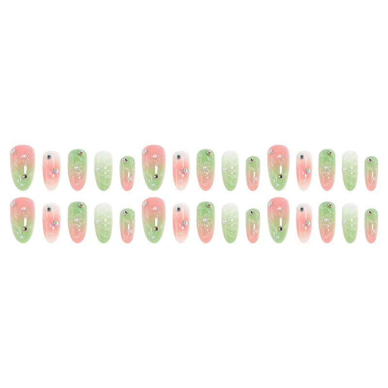 Press-On Nails Reusable Multi-Size Pink & Green Sparkle