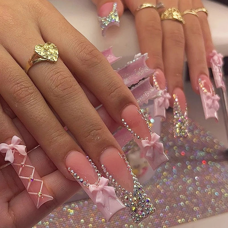 Press-On Nails Rhinestone & Bow Soft Pink Custom Fit