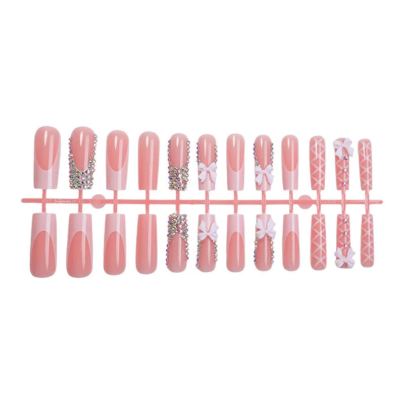 Press-On Nails Rhinestone & Bow Soft Pink Custom Fit