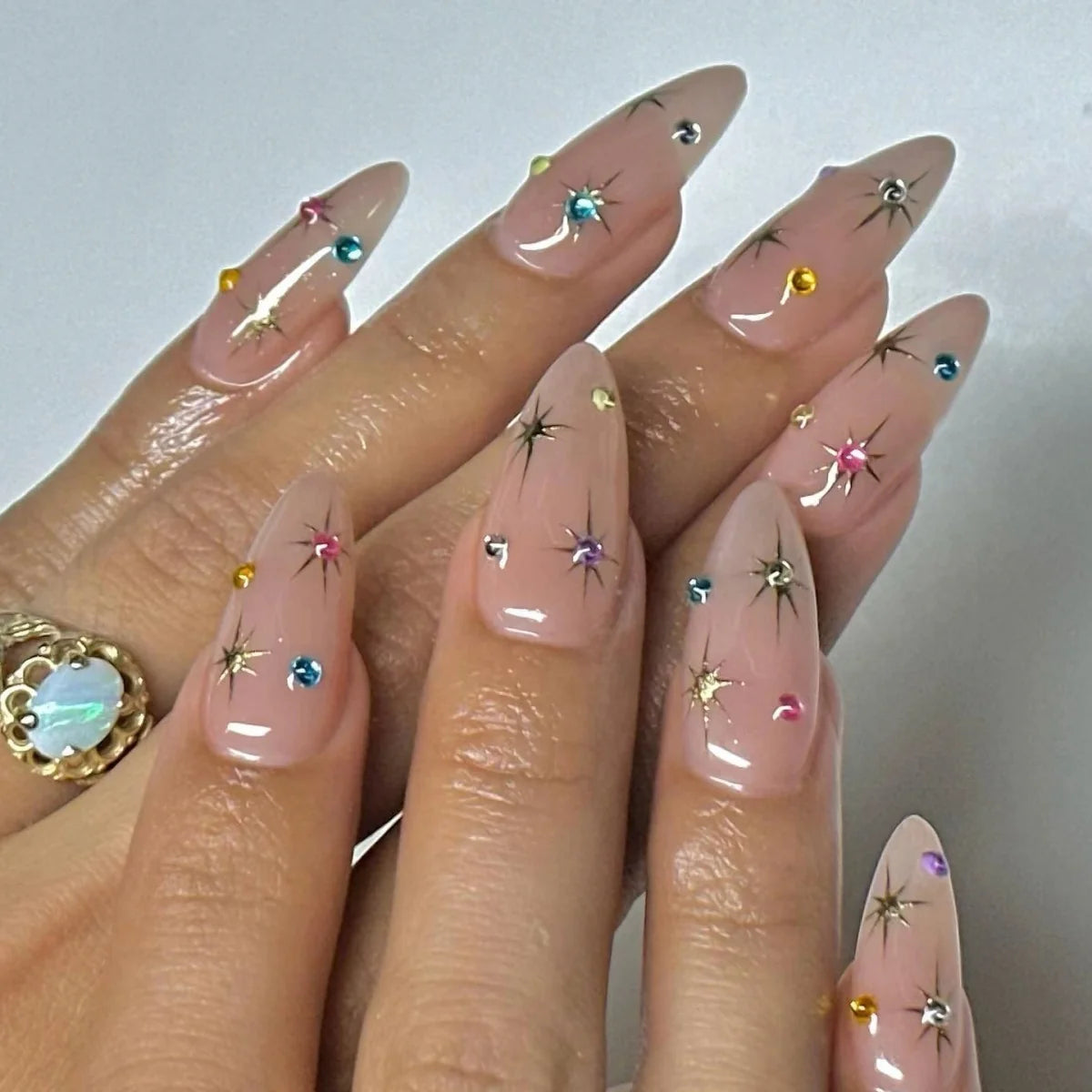 Press-On Nails Rhinestone Embellished Almond Shape Dark Blue