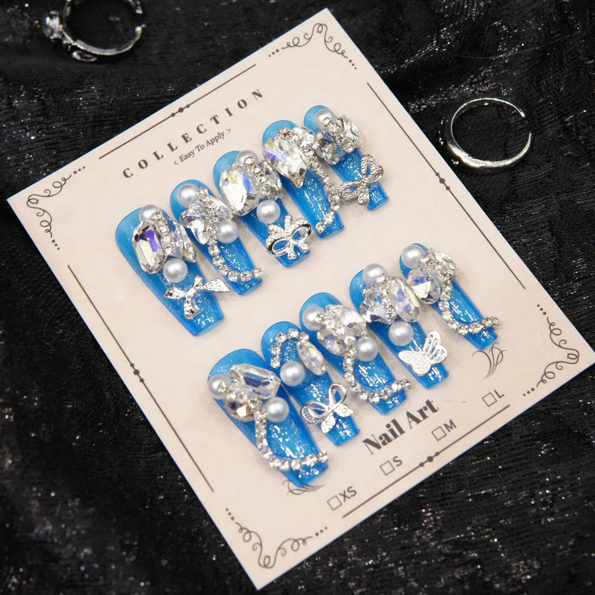 Press-On Nails Rhinestone Embellished No Glue Peacock Blue