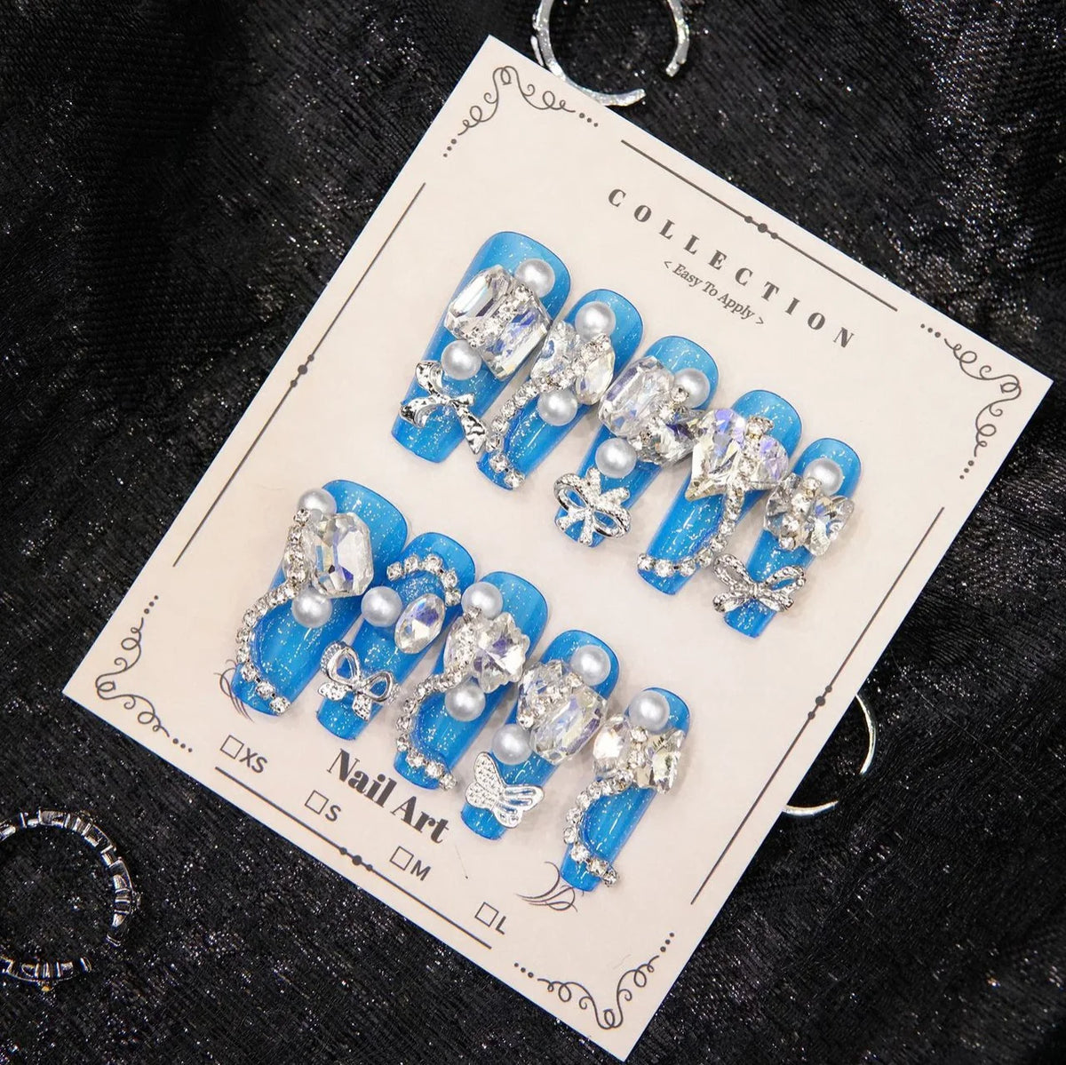 Press-On Nails Rhinestone Embellished No Glue Peacock Blue