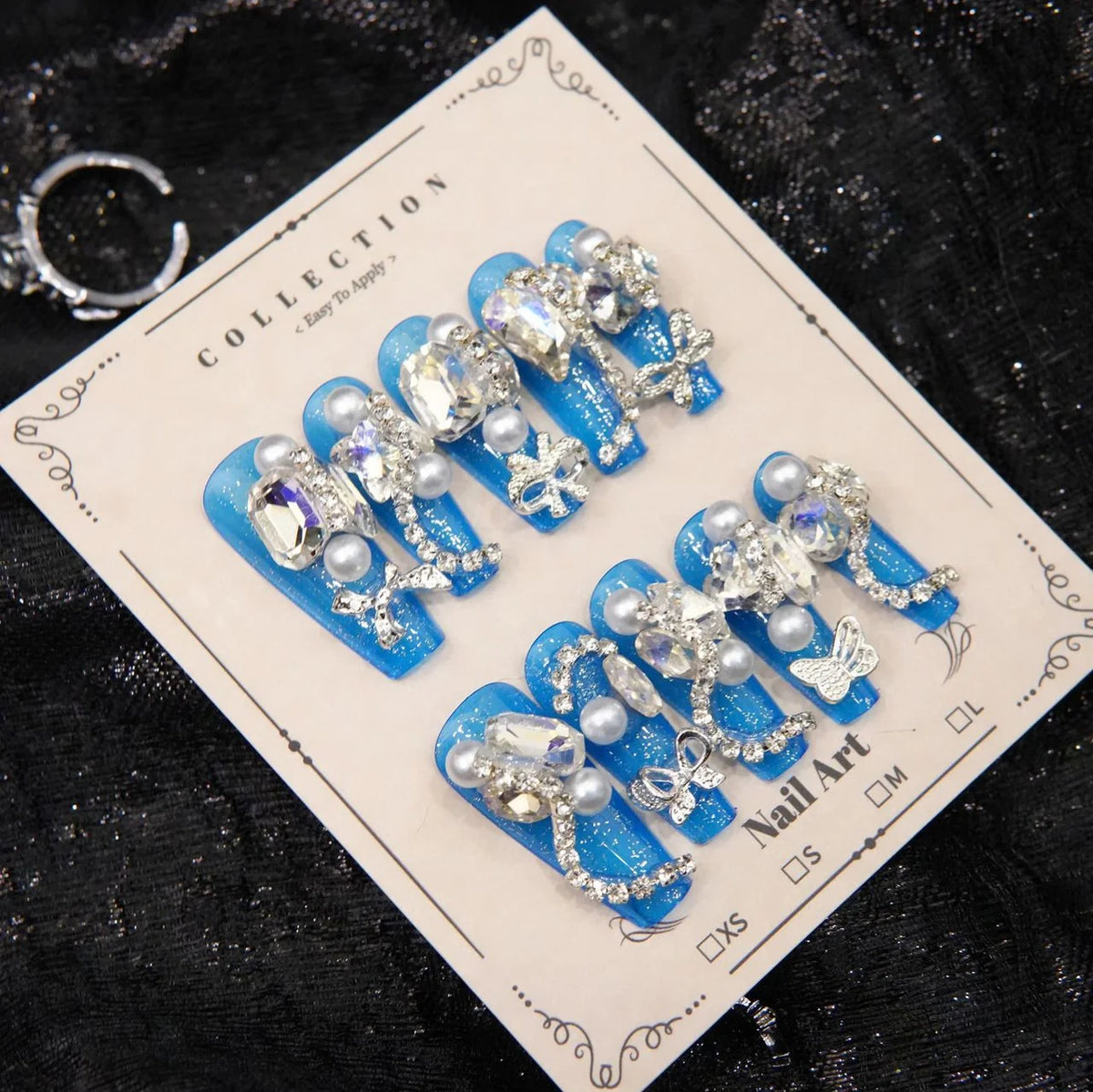 Press-On Nails Rhinestone Embellished No Glue Peacock Blue