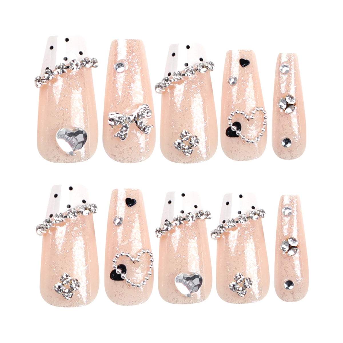 Press-On Nails Rhinestone & Heart Motifs Easy Apply