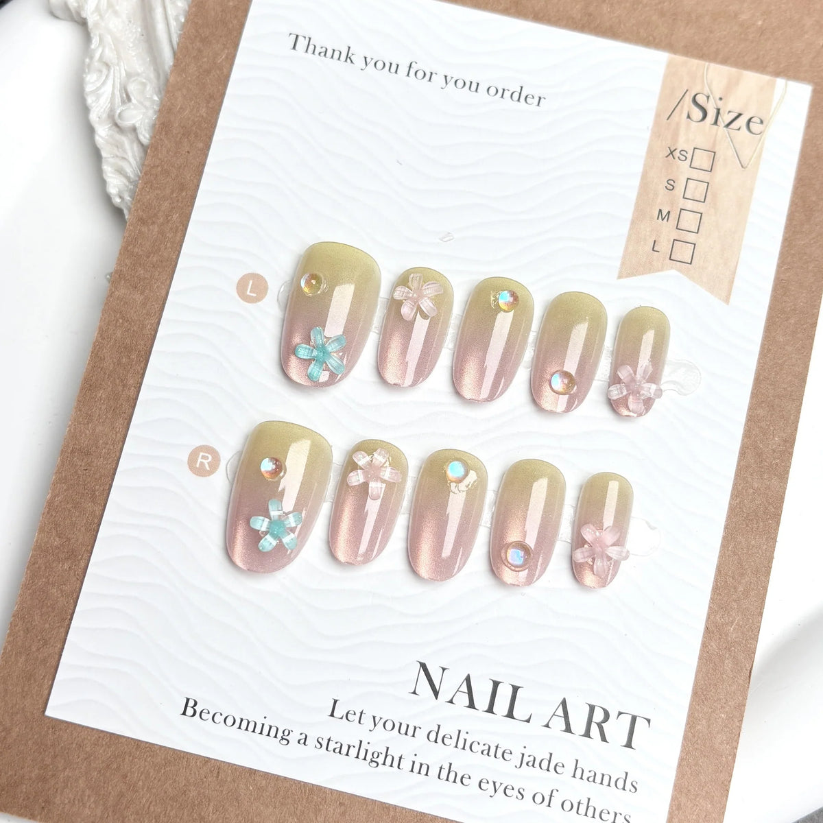 Press-On Nails Set Floral Design & Gemstone Accents