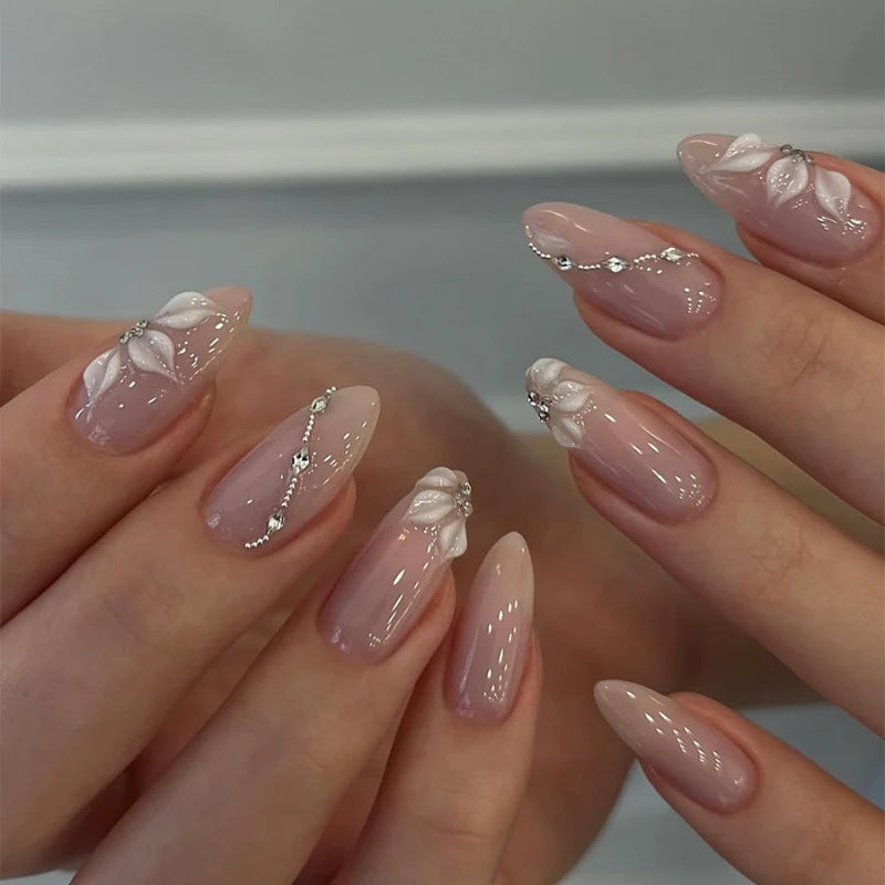 Press-On Nails Set Floral Design Reusable & Glue-Free