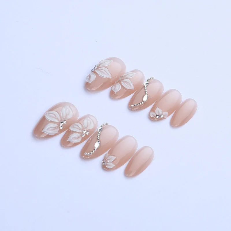 Press-On Nails Set Floral Design Reusable & Glue-Free