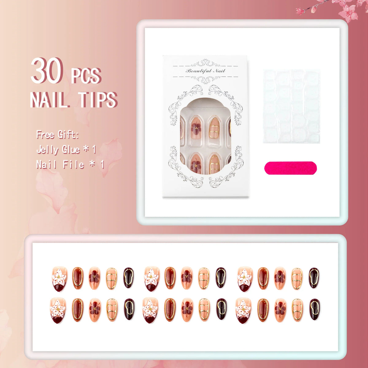 Press-On Nails Set Floral & Gold Accents No Glue