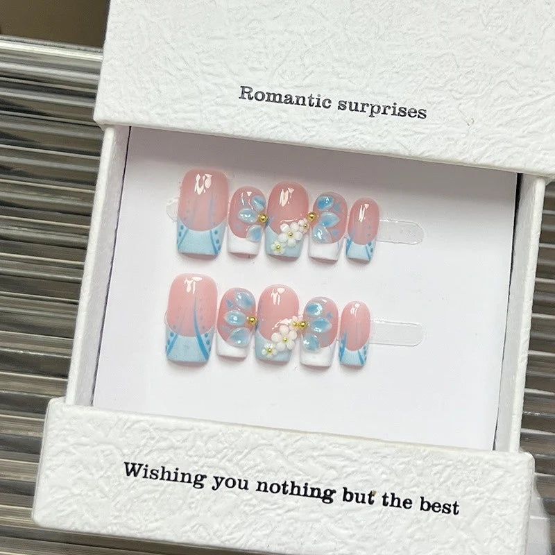 Press-On Nails Set Floral Pink & Blue Easy Application
