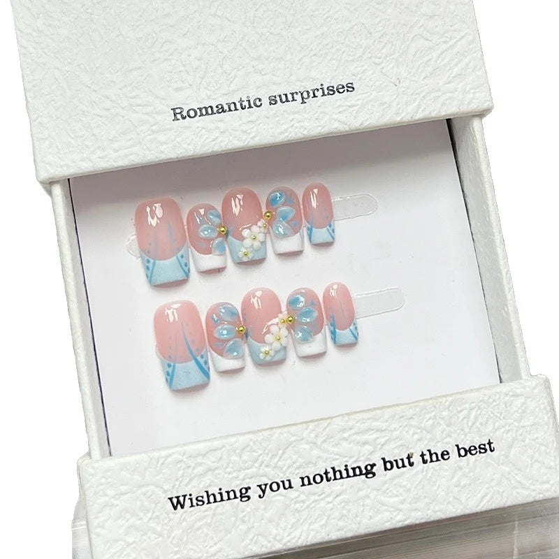 Press-On Nails Set Floral Pink & Blue Easy Application