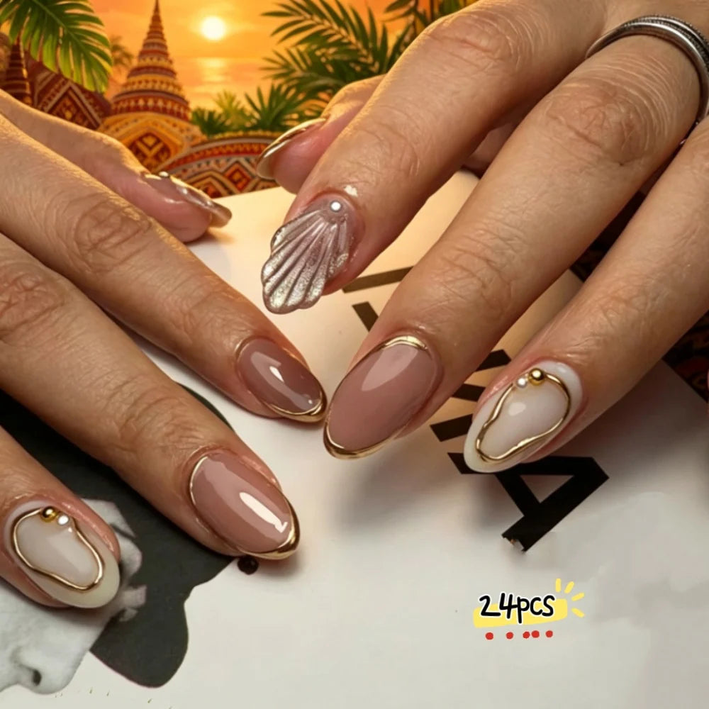 Press-On Nails Shell & Gold Accents Set of 24