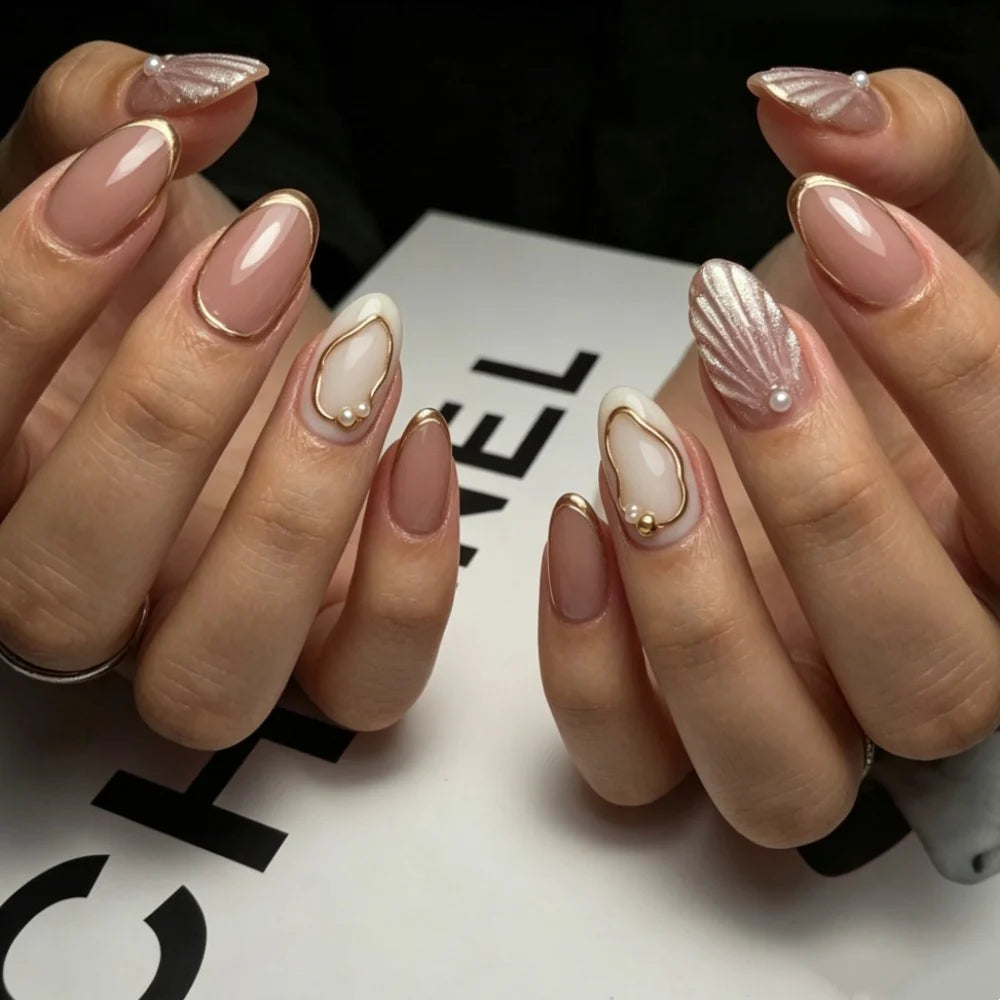 Press-On Nails Shell & Gold Accents Set of 24