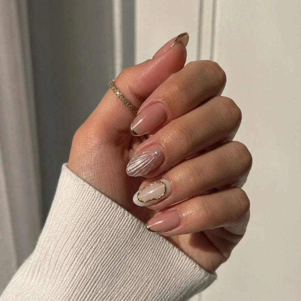 Press-On Nails Shell & Gold Accents Set of 24