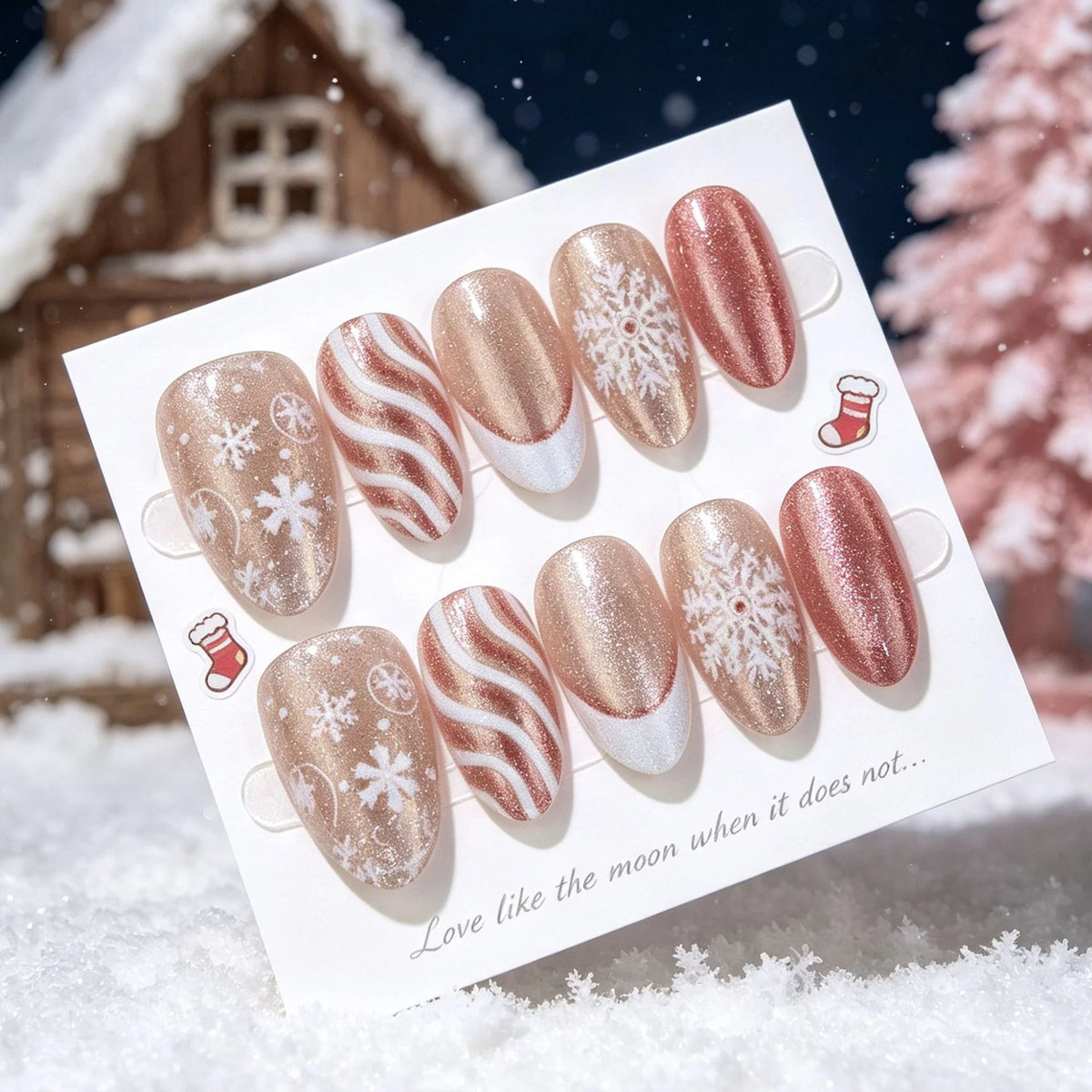Press-On Nails Snowflake Design & Rose Gold Accents