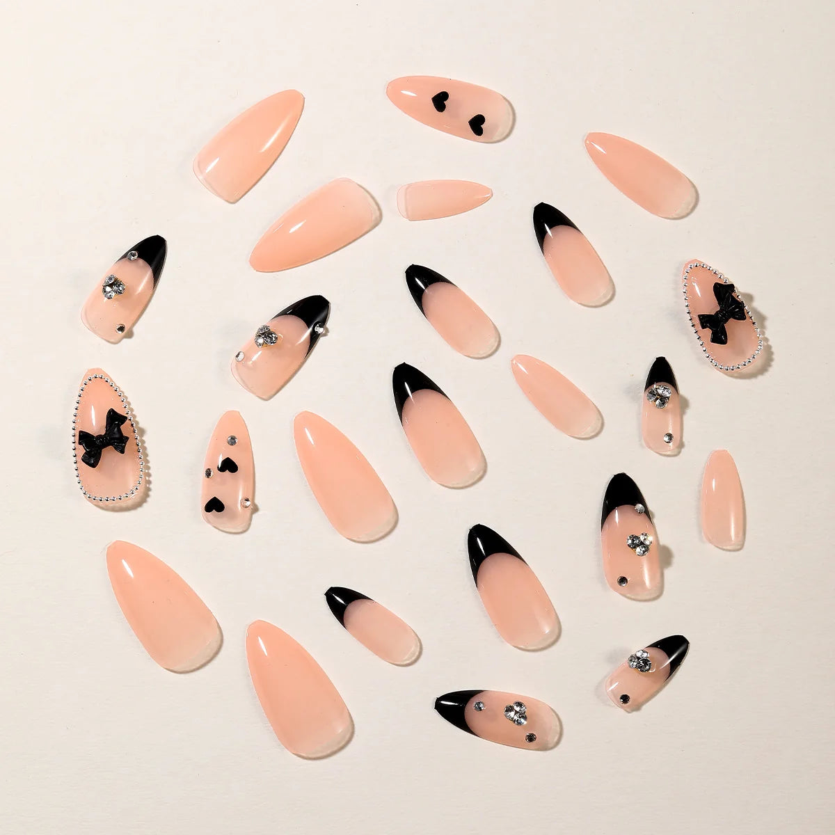 Press-On Nails Stiletto Black Rhinestone Accents