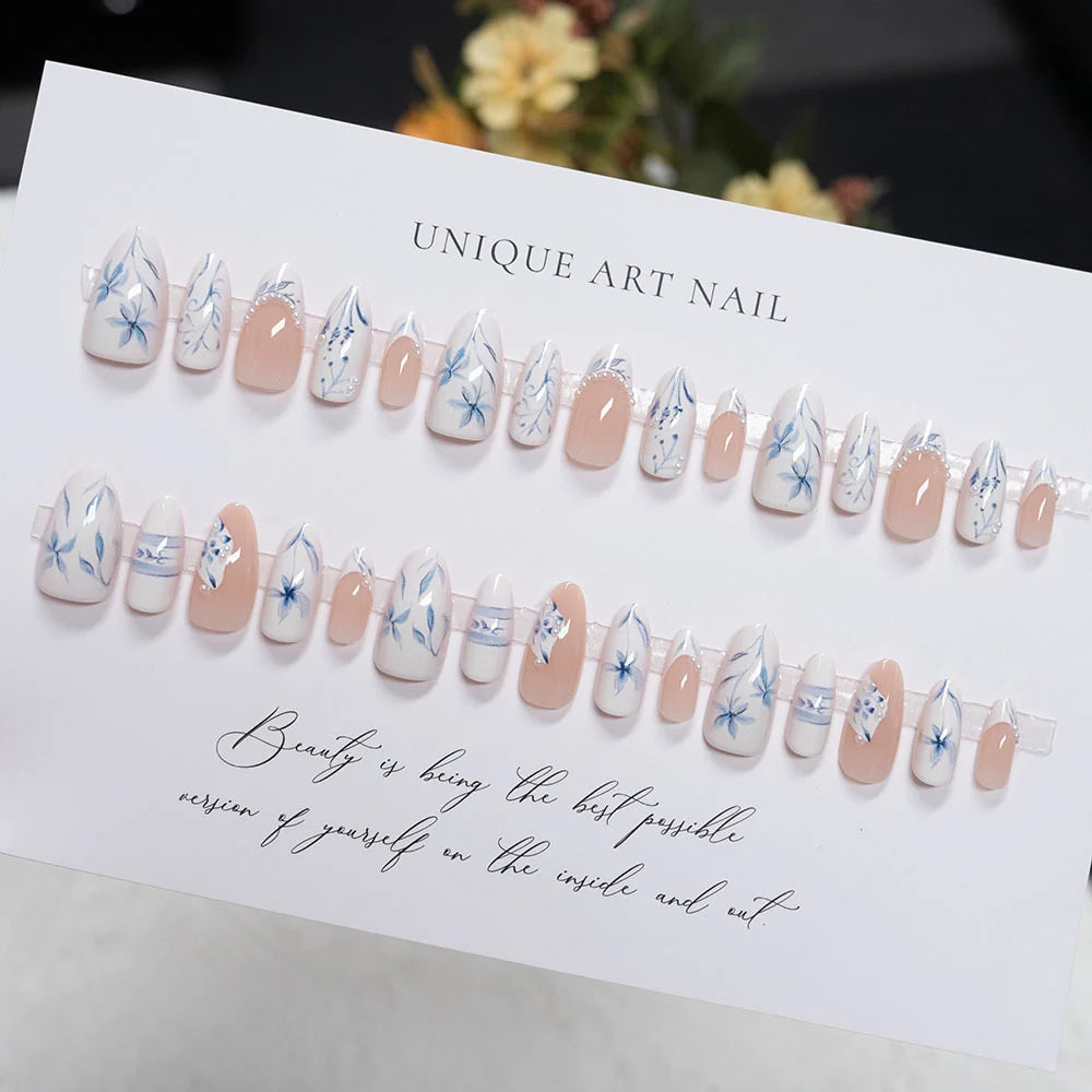 Press-On Nails Stiletto Floral Design Adhesive Backing