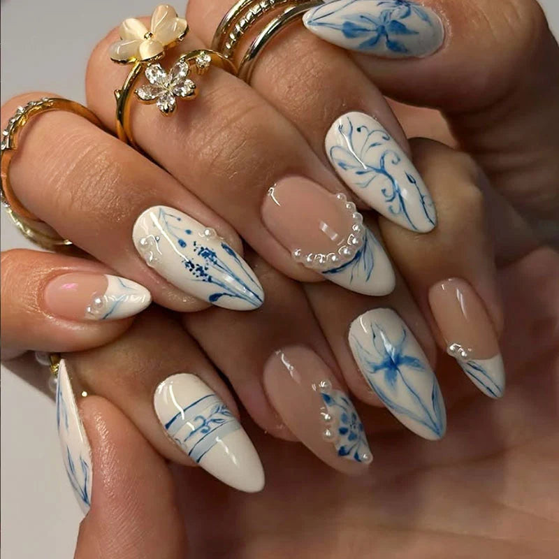 Press-On Nails Stiletto Floral Design Adhesive Backing