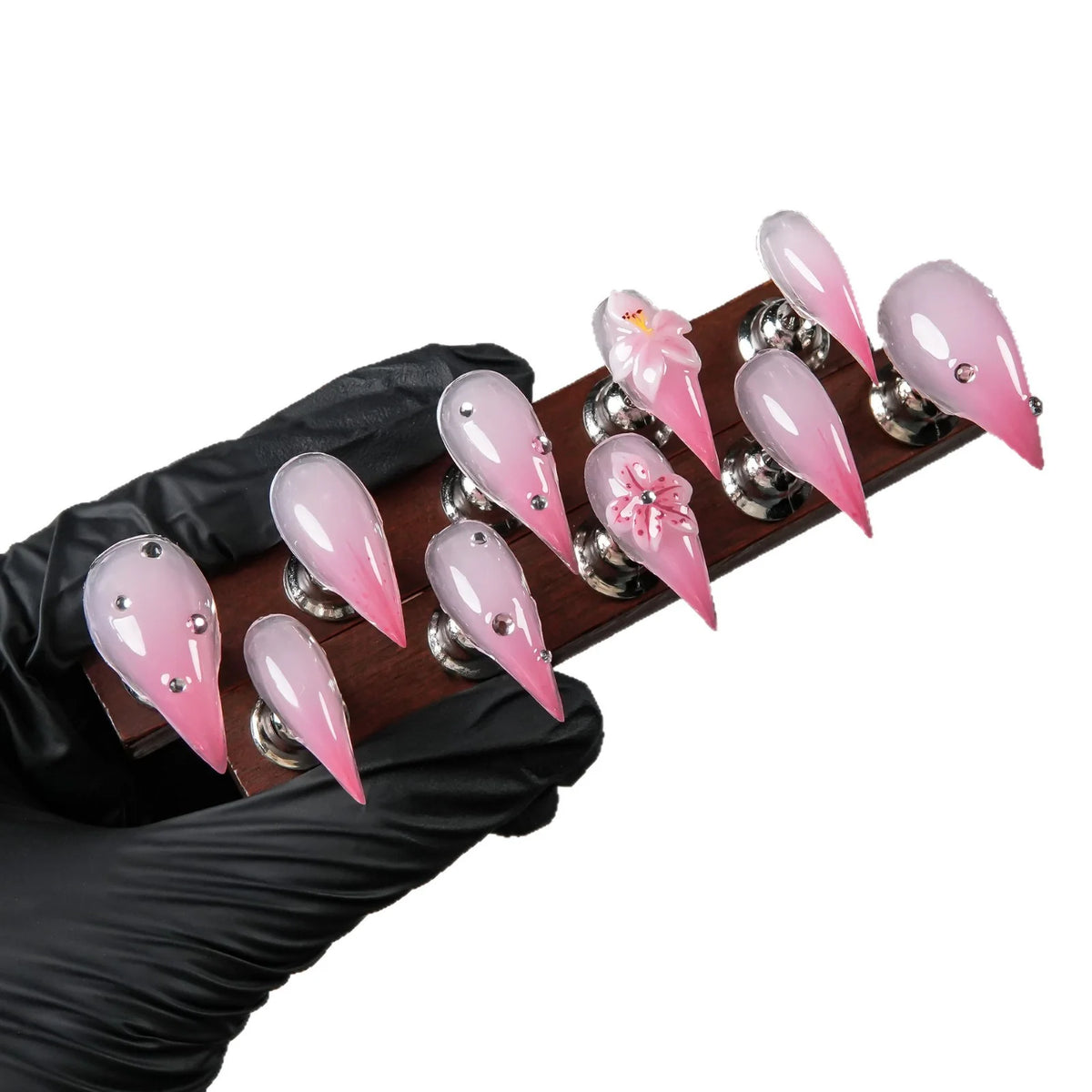 Press-On Nails Stiletto Floral & Gem Accents
