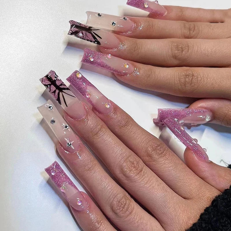Press-On Nails Stiletto Floral & Glitter Easy Apply