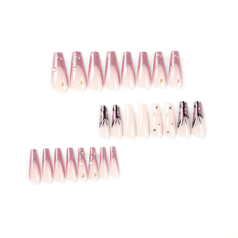 Press-On Nails Stiletto Floral & Glitter Easy Apply