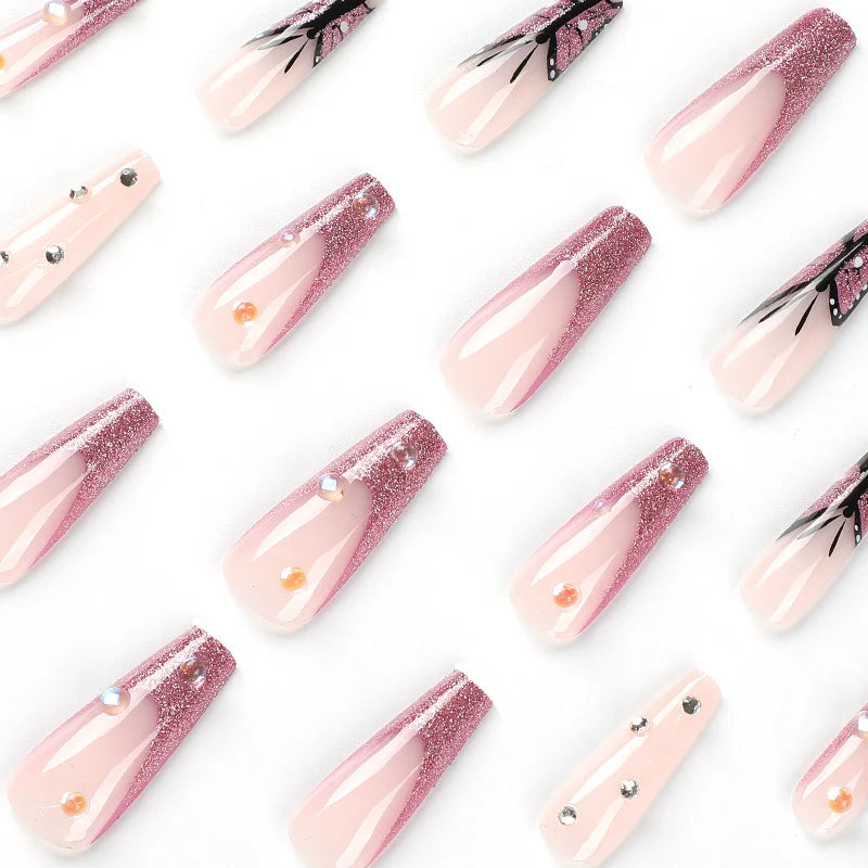 Press-On Nails Stiletto Floral & Glitter Easy Apply