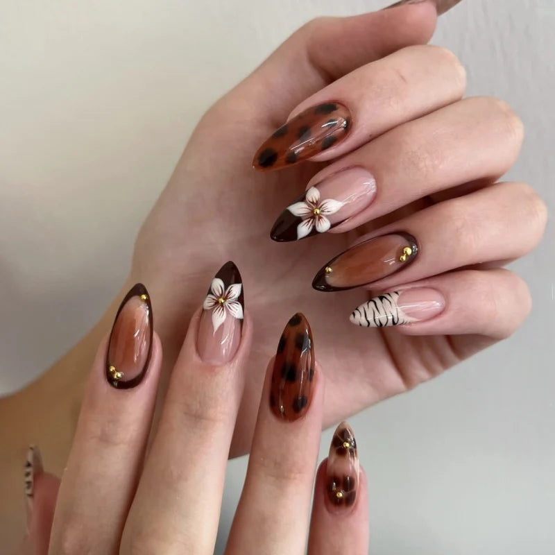 Press-On Nails Stiletto Floral & Glitter Glue-On