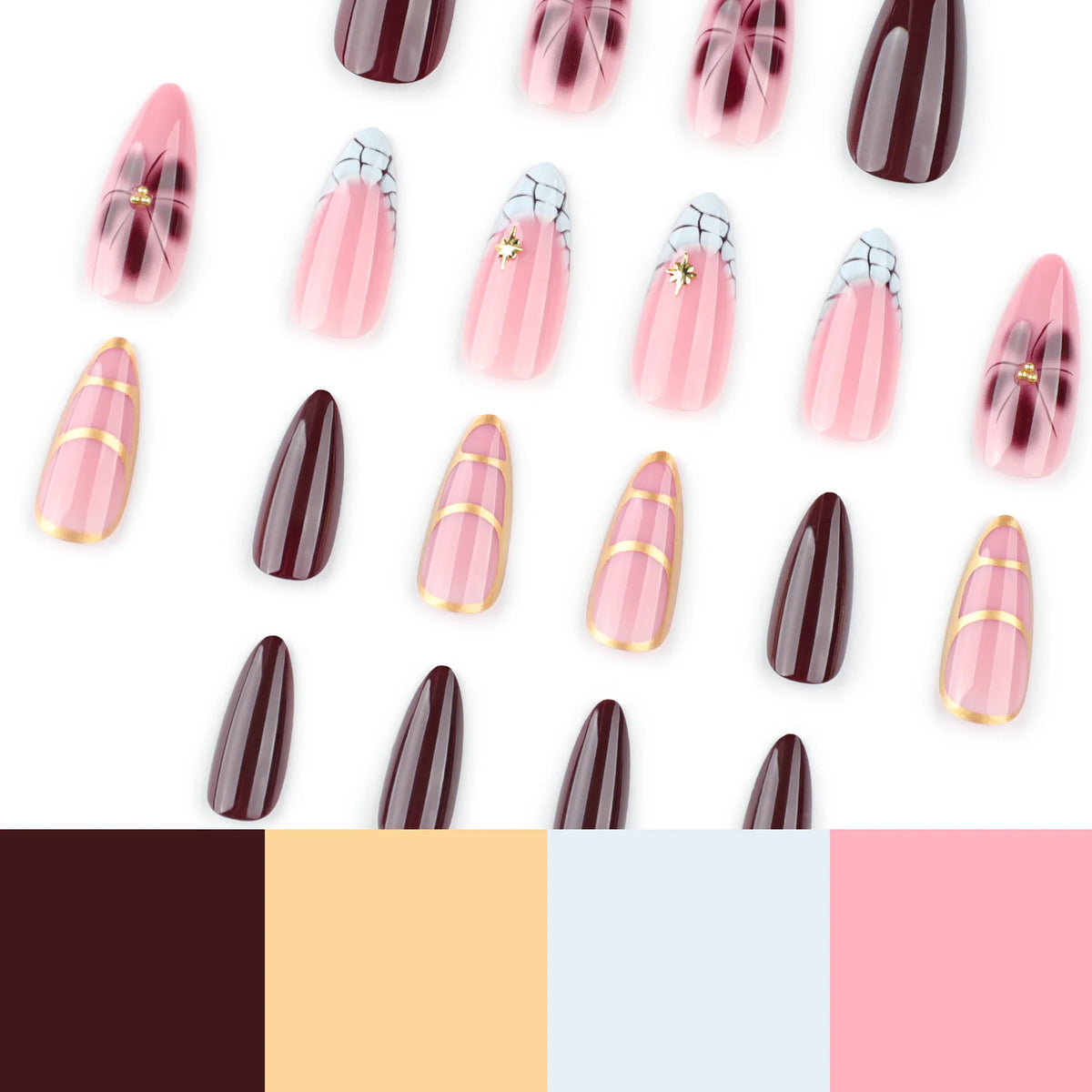 Press-On Nails Stiletto Floral & Gold Accents