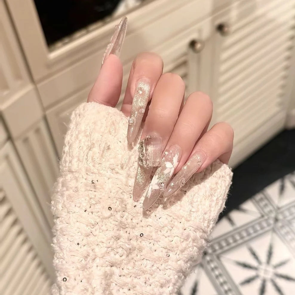 Press-On Nails Stiletto Floral Reusable