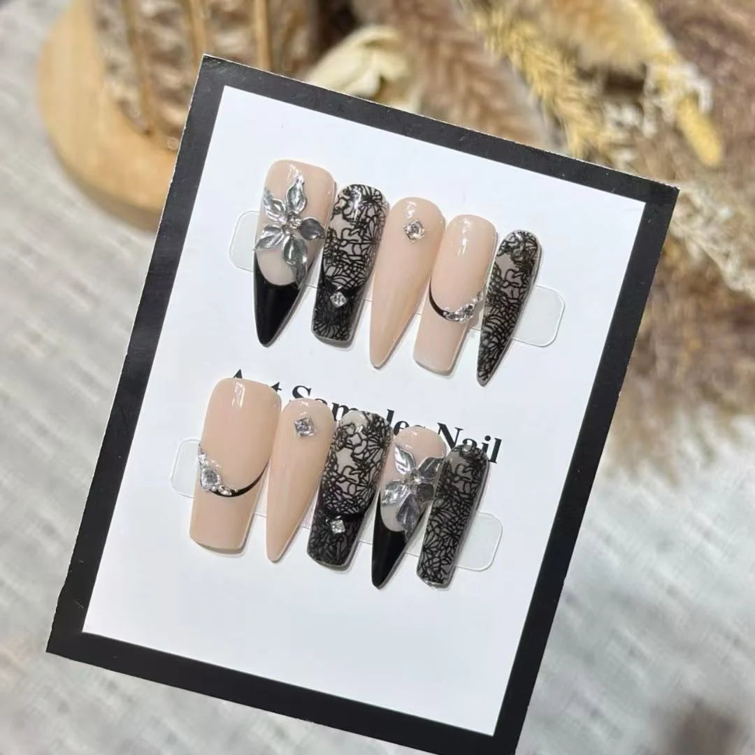 Press-On Nails Stiletto Floral Rhinestones Reusable
