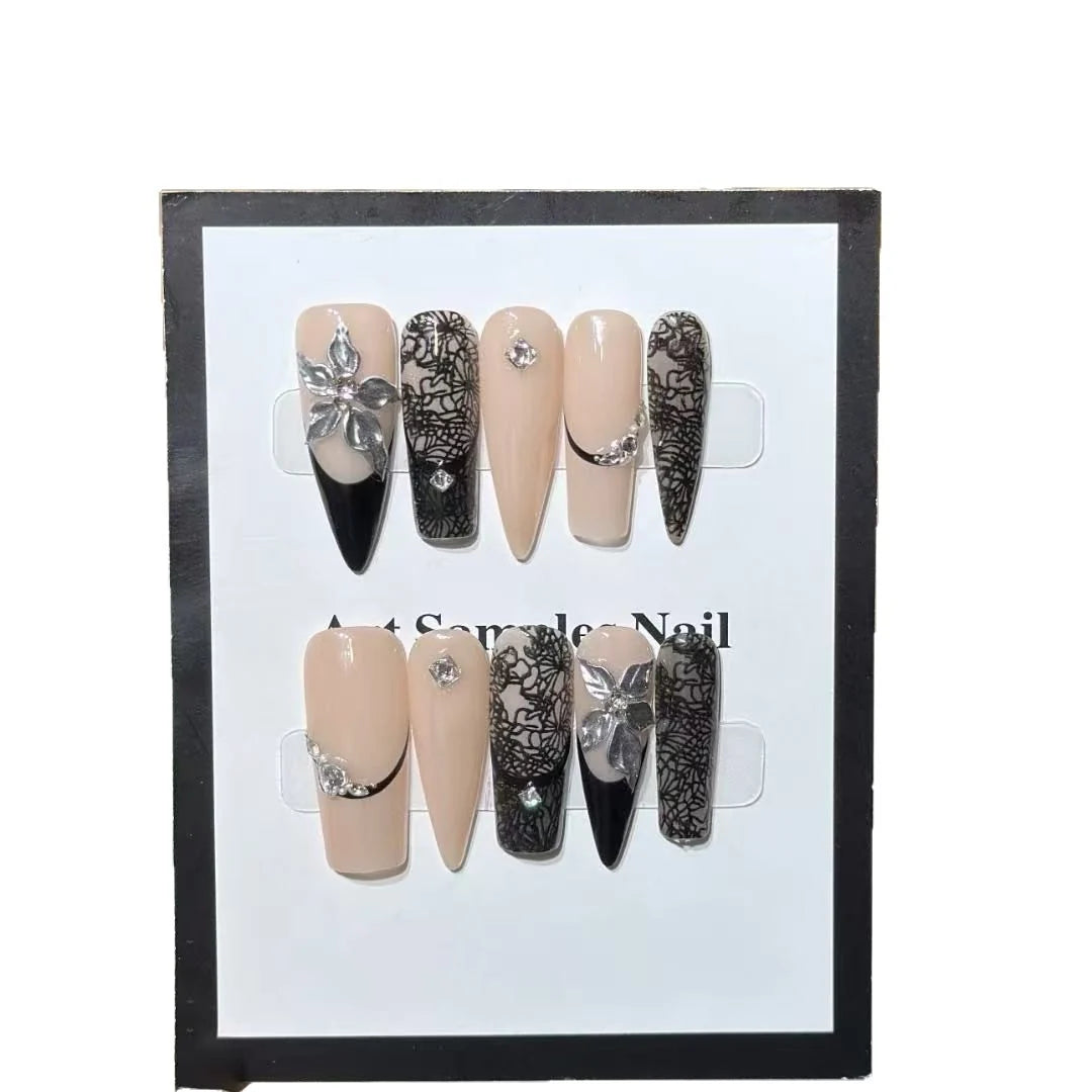 Press-On Nails Stiletto Floral Rhinestones Reusable