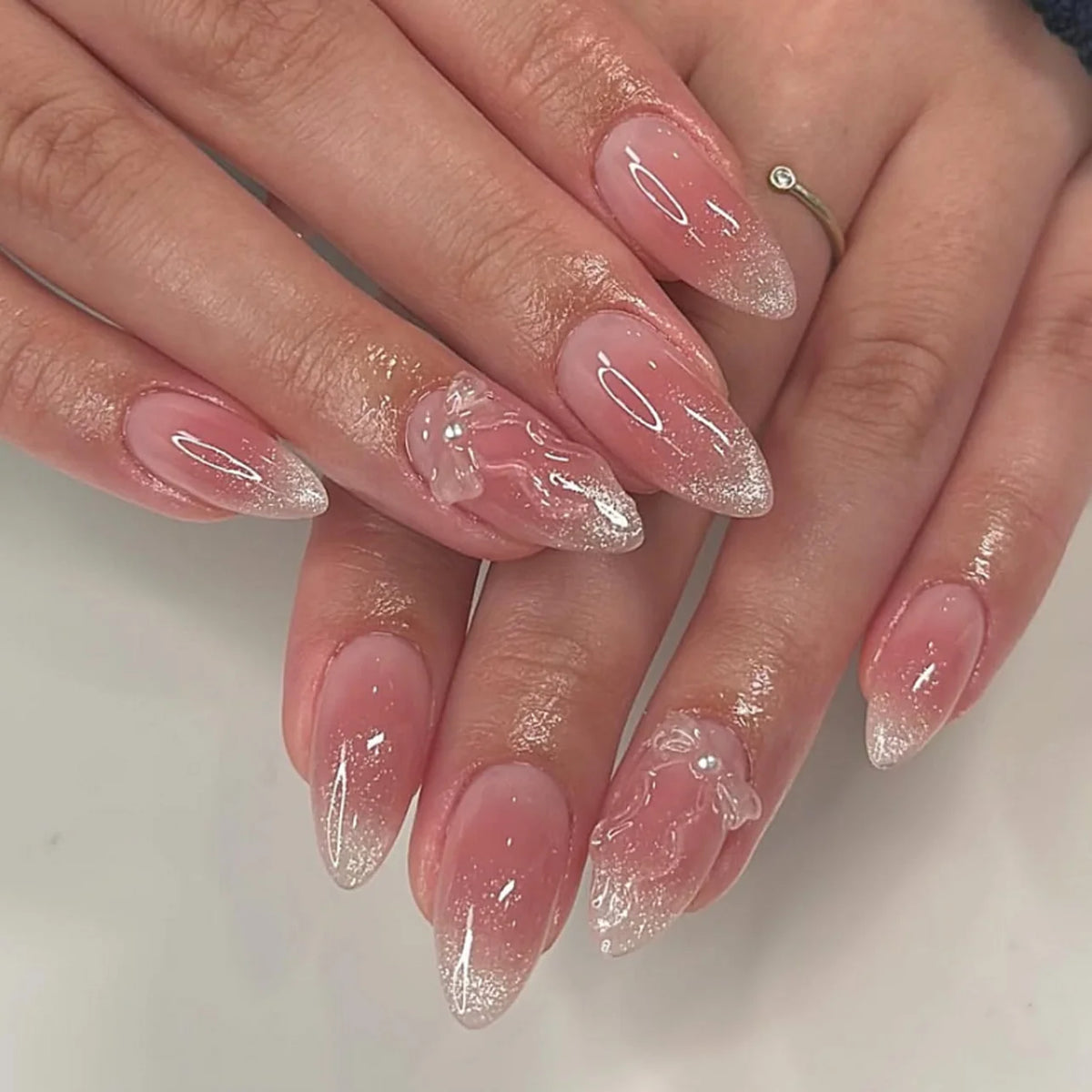 Press-On Nails Stiletto French Tip & Floral Reusable