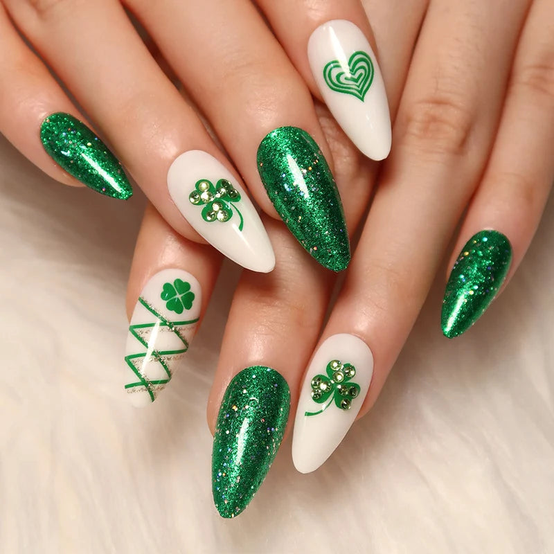 Press-On Nails Stiletto Glitter & Clover Easy Application