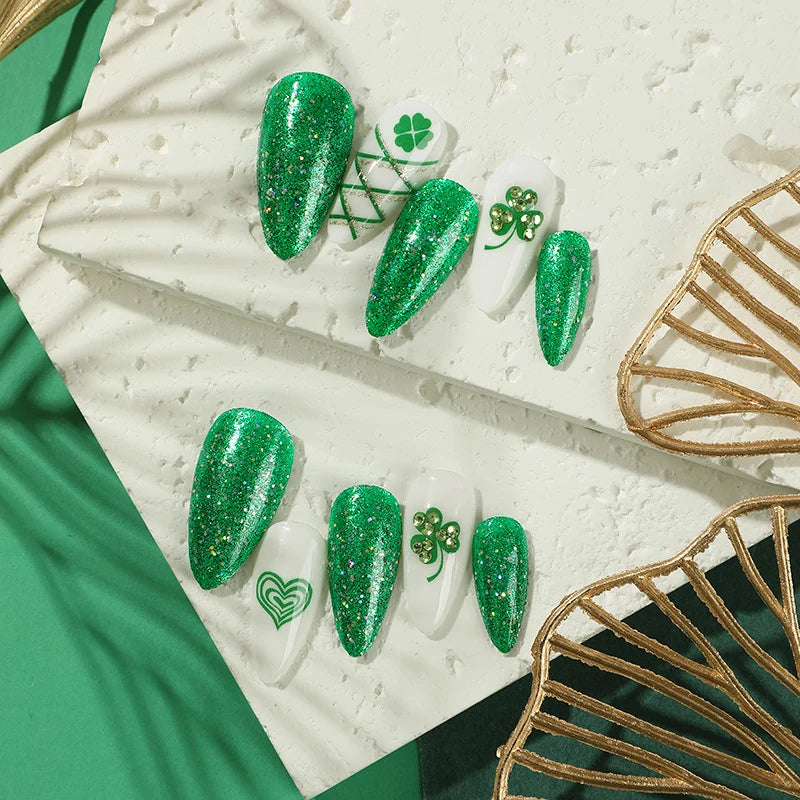 Press-On Nails Stiletto Glitter & Clover Easy Application