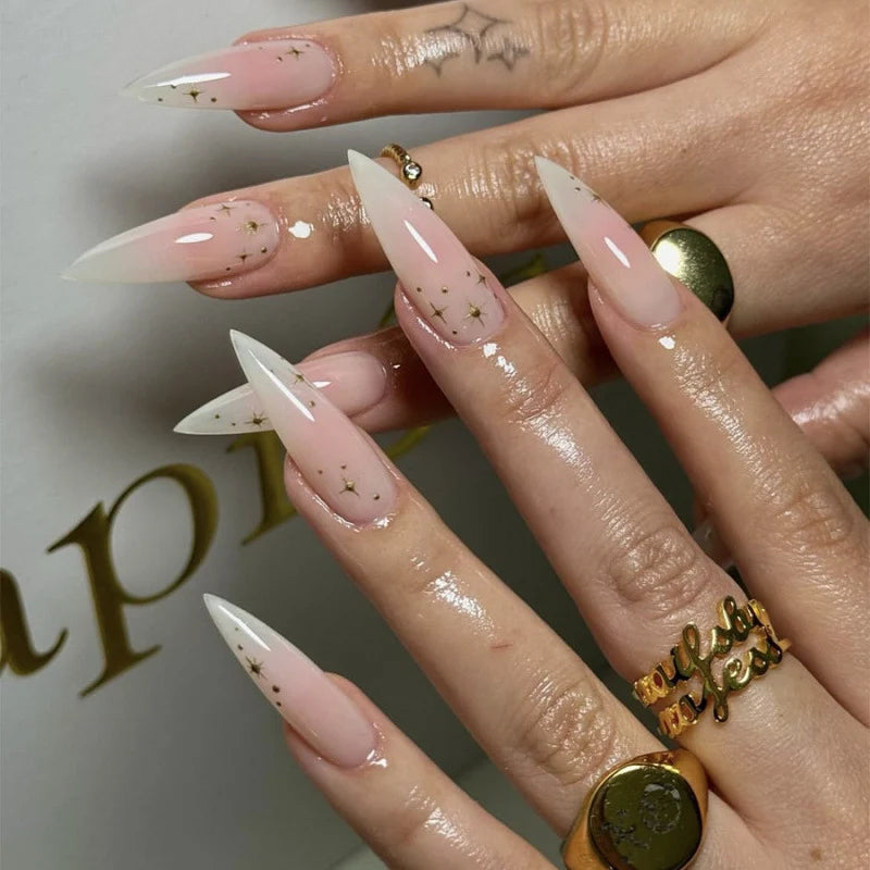 Press-On Nails Stiletto Gold Star Quick-Apply Reusable