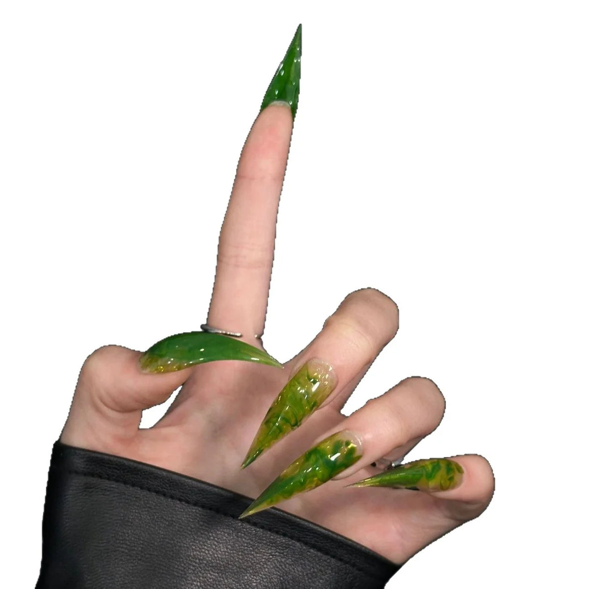 Press-On Nails Stiletto Green Marble Glue-Free & Reusable