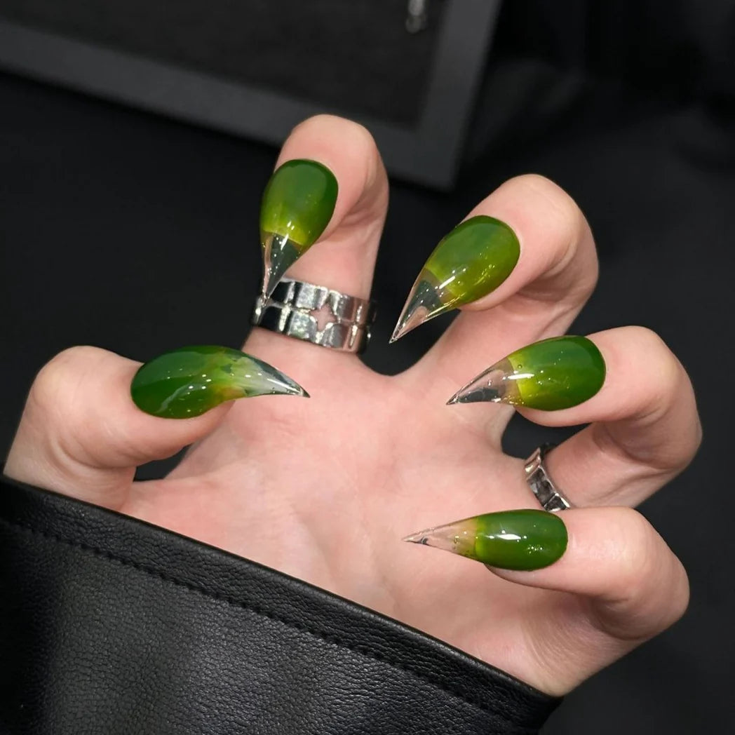 Press-On Nails Stiletto Green Marble Reusable