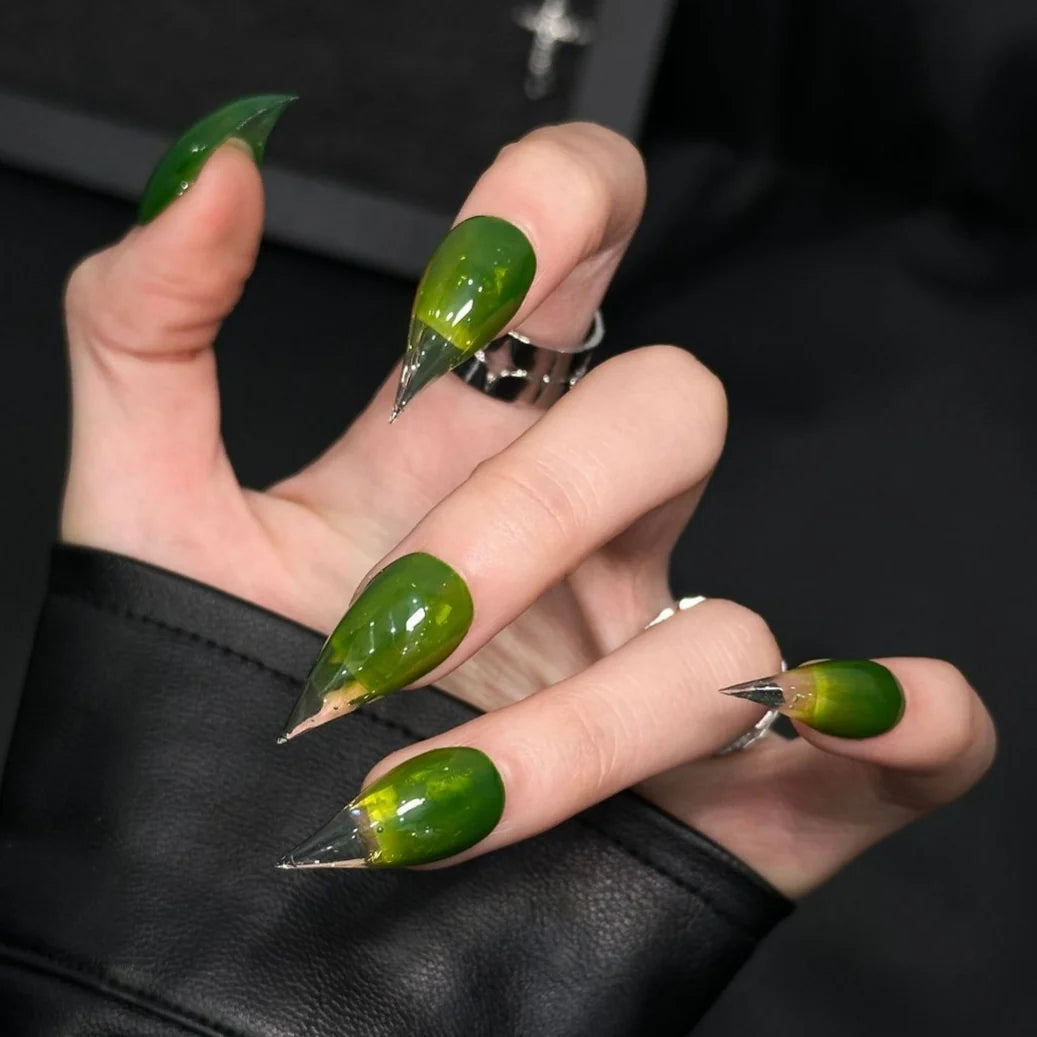 Press-On Nails Stiletto Green Marble Reusable