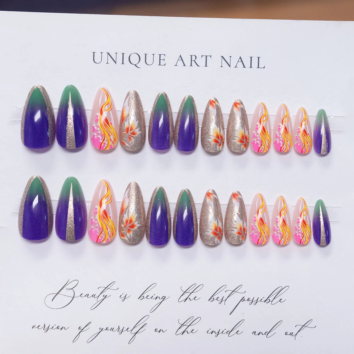 Press-On Nails Stiletto Hand-Painted Floral Pre-Applied Adhesive